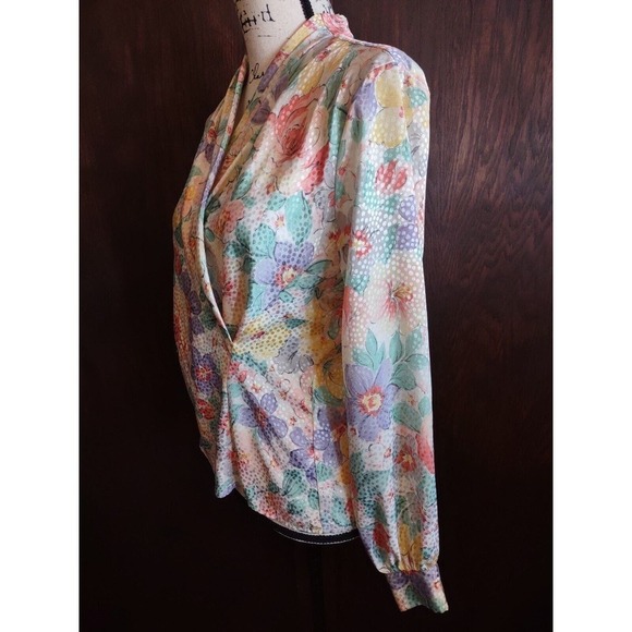 Vintage Size 8 Spring Easter Floral Long Sleeve Blouse Wrap High Collar Modest - Picture 2 of 6